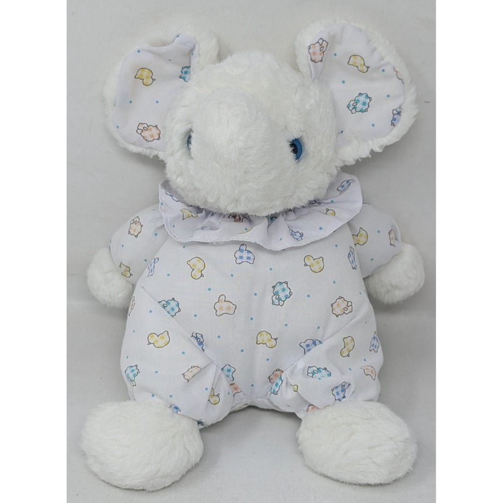 Vintage Carters White Elephant Plush Baby Rattle Lovey Animal Print Collar 90s
